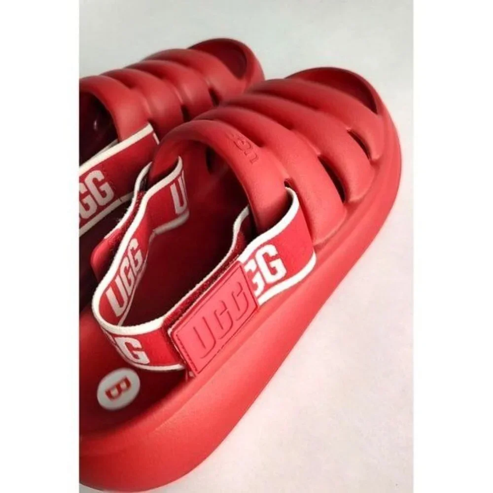 UGG Sport Yeah Sandals 9 Samba Red Slides logo Print Backstrap Resort Beach - Picture 6 of 10